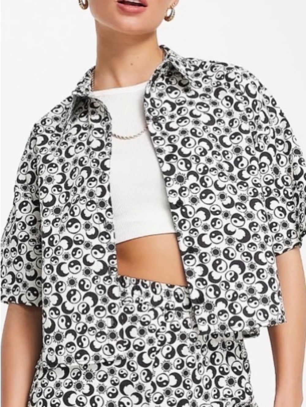 Topshop Yin Yang Print button down crop top 100% cotton Black Cream Boxy Sz  2